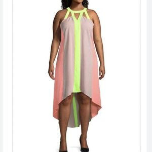 Project Runway Neon Trim High-Low Sleeveless Dress - Pink/Neon Green